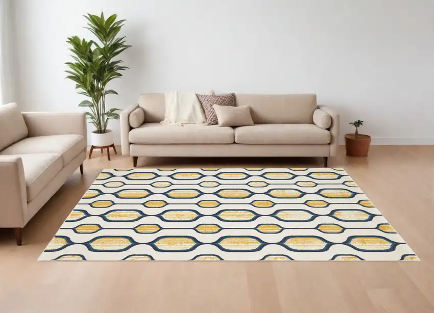 Ivory Blue and Yellow Geometric Power Loom Area Rug Photo 1