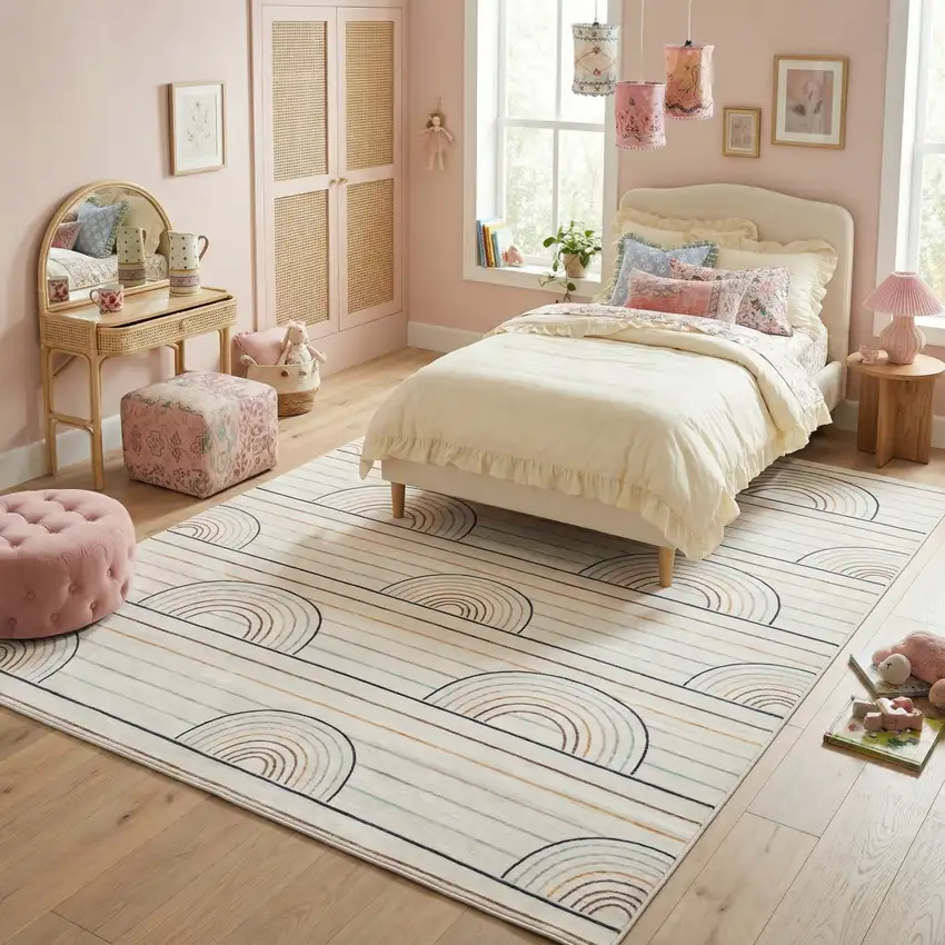 Ivory Blue and Yellow Juvenile Rainbows Youthful Area Rug Photo 8