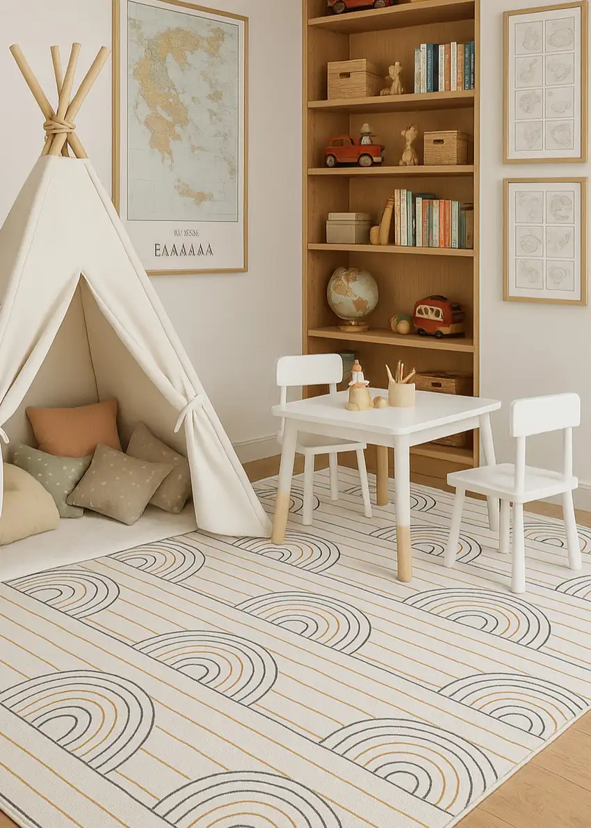 Ivory Blue and Yellow Juvenile Rainbows Youthful Area Rug Photo 6