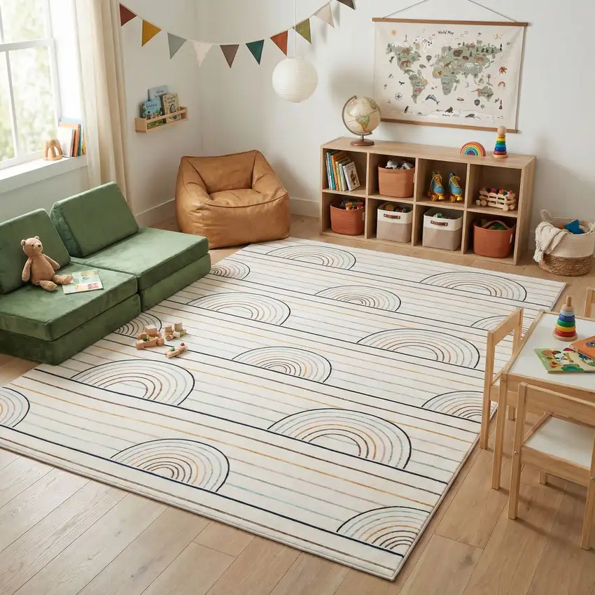 Ivory Blue and Yellow Juvenile Rainbows Youthful Area Rug Photo 9