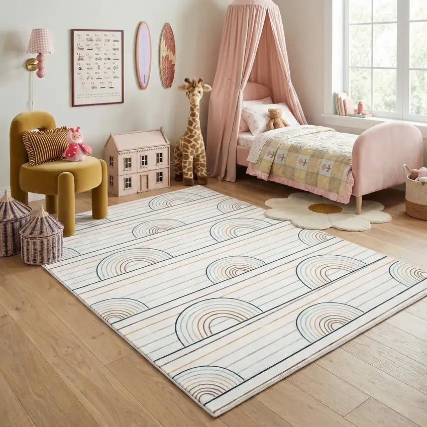 Ivory Blue and Yellow Juvenile Rainbows Youthful Area Rug Photo 6