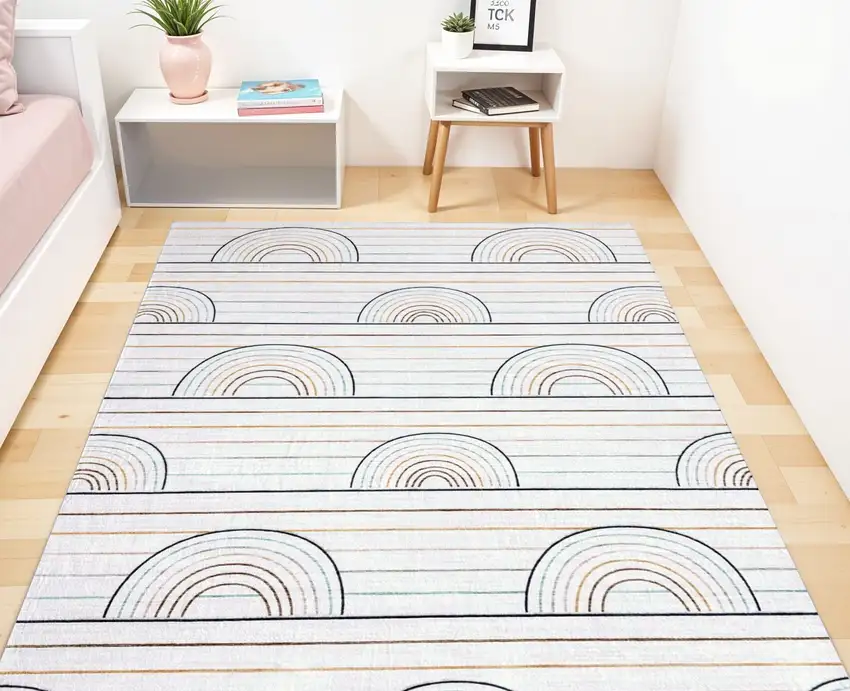 Ivory Blue and Yellow Juvenile Rainbows Youthful Area Rug Photo 3