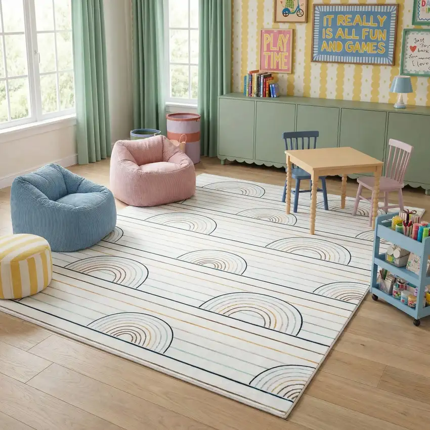Ivory Blue and Yellow Juvenile Rainbows Youthful Area Rug Photo 5