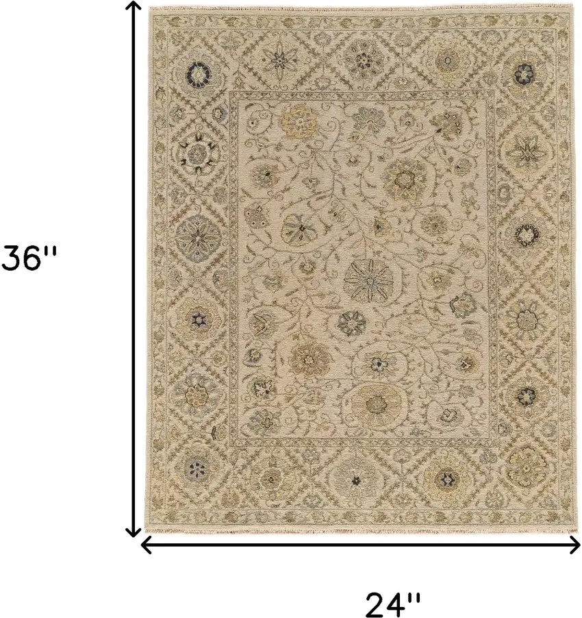 Ivory Blue and Yellow Wool Oriental Hand Knotted Area Rug Photo 3