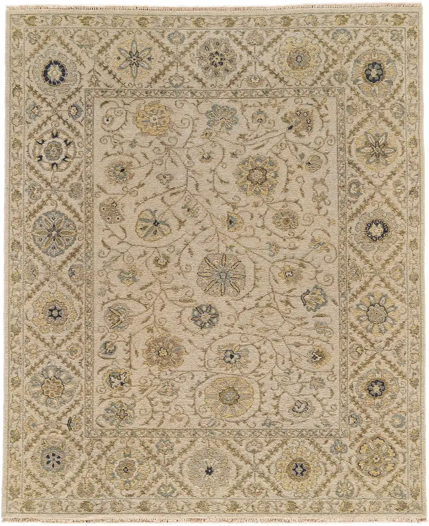 Ivory Blue and Yellow Wool Oriental Hand Knotted Area Rug Photo 2