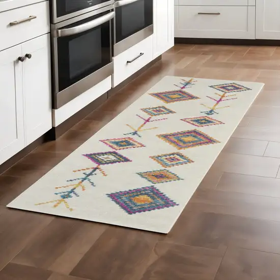 8' Ivory Blue And Pink Geometric Runner Rug Photo 2