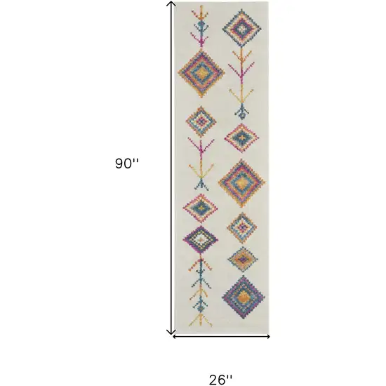 8' Ivory Blue And Pink Geometric Runner Rug Photo 8