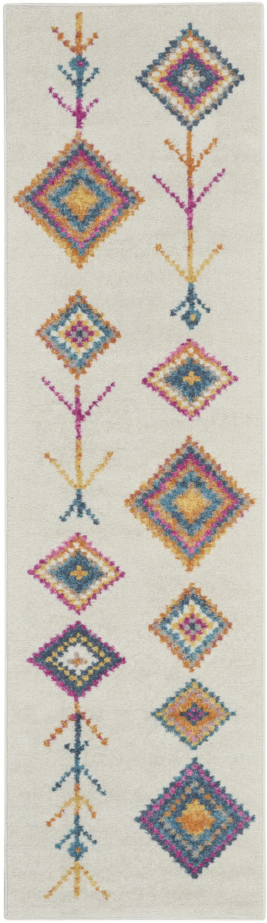 8' Ivory Blue And Pink Geometric Runner Rug Photo 1