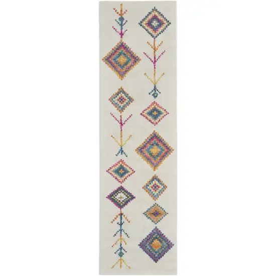 8' Ivory Blue And Pink Geometric Runner Rug Photo 1