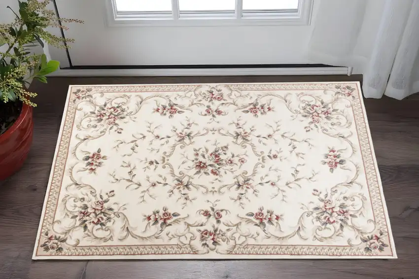 Ivory And Red Floral Area Rug Photo 1