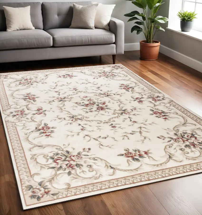 Ivory Red And Green Floral Medallion Area Rug Photo 1
