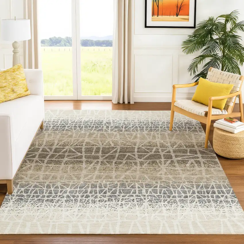 Ivory Brown And Beige Geometric Washable Indoor Outdoor Area Rug Photo 5