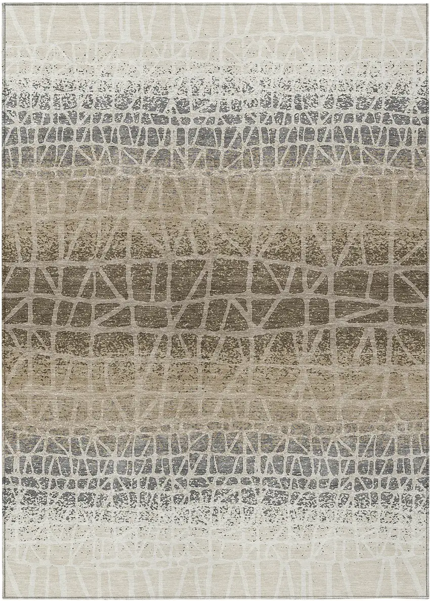 Ivory Brown And Beige Geometric Washable Indoor Outdoor Area Rug Photo 1