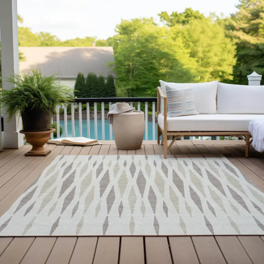 Ivory Brown And Beige Geometric Washable Indoor Outdoor Area Rug Photo 8