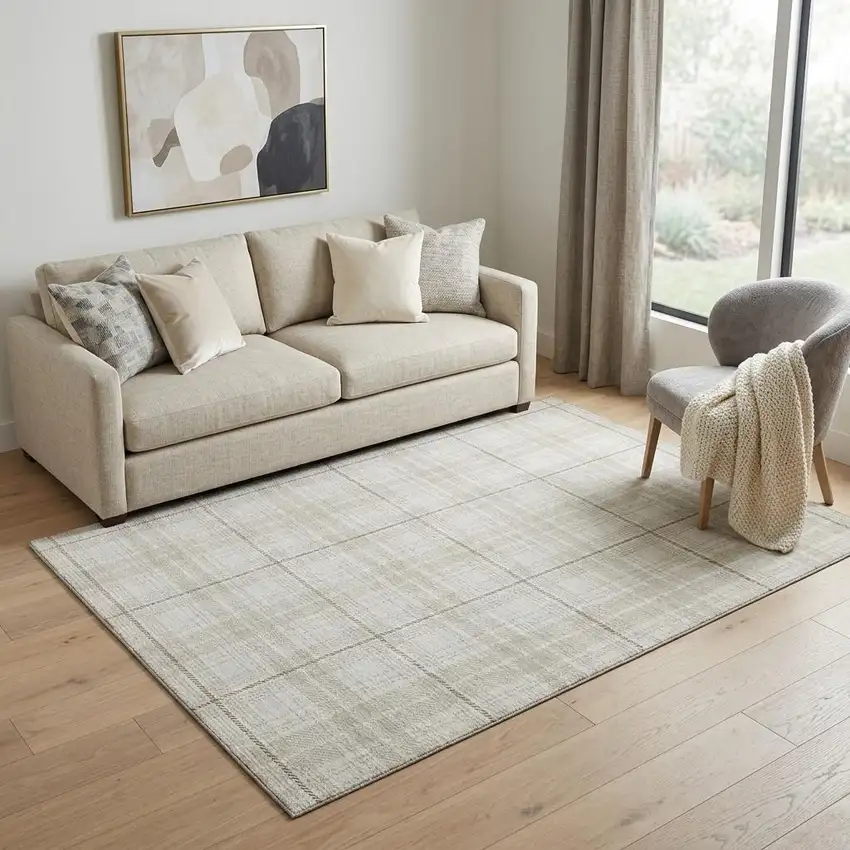 Ivory Brown And Beige Plaid Washable Area Rug With UV Protection Photo 1
