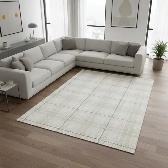 Ivory Brown And Beige Plaid Washable Area Rug With UV Protection Photo 2