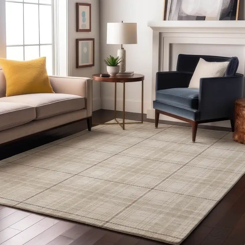 Ivory Brown And Beige Plaid Washable Area Rug With UV Protection Photo 4
