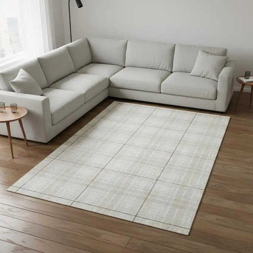 Ivory Brown And Beige Plaid Washable Area Rug With UV Protection Photo 2