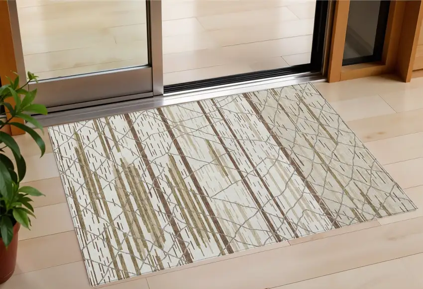 Ivory Brown And Beige Striped Washable Indoor Outdoor Area Rug Photo 1