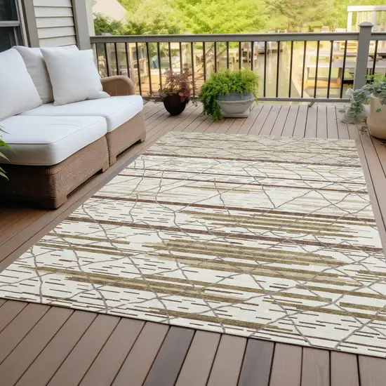 Ivory Brown And Beige Striped Washable Indoor Outdoor Area Rug Photo 9