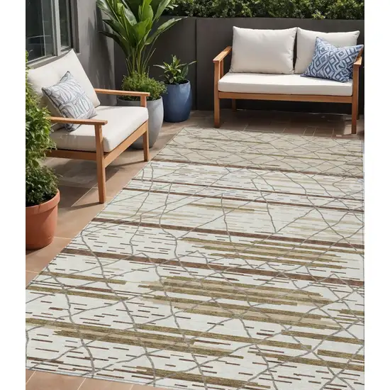 Ivory Brown And Beige Striped Washable Indoor Outdoor Area Rug Photo 1