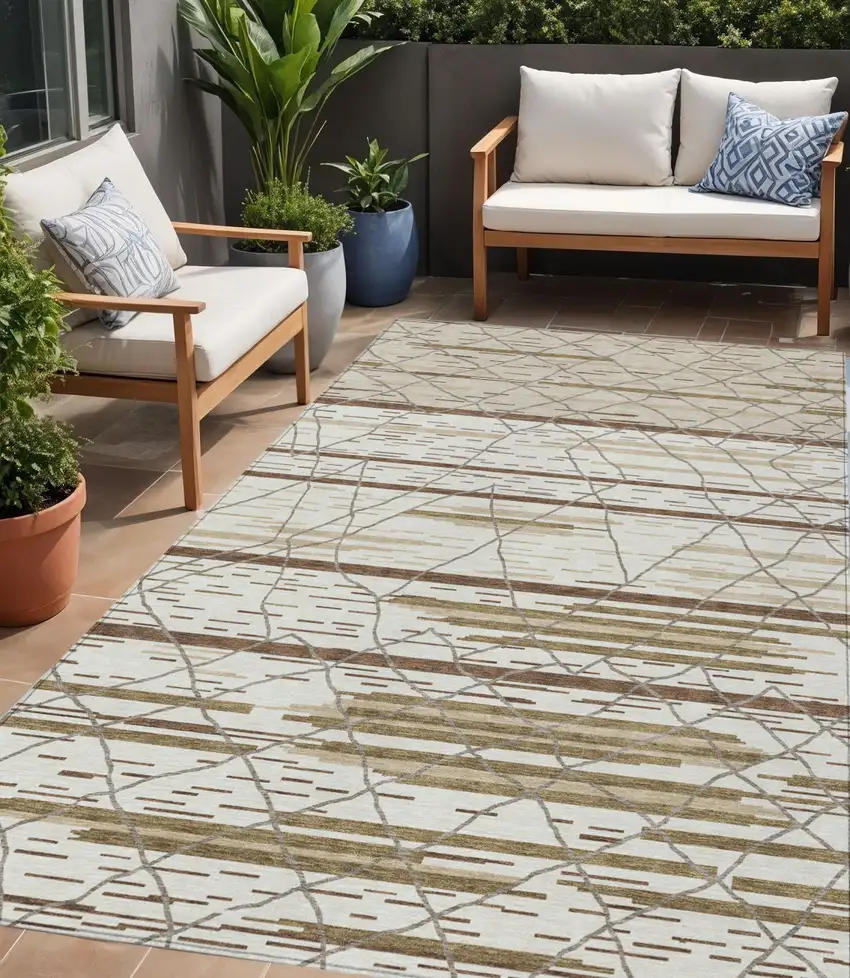 Ivory Brown And Beige Striped Washable Indoor Outdoor Area Rug Photo 1