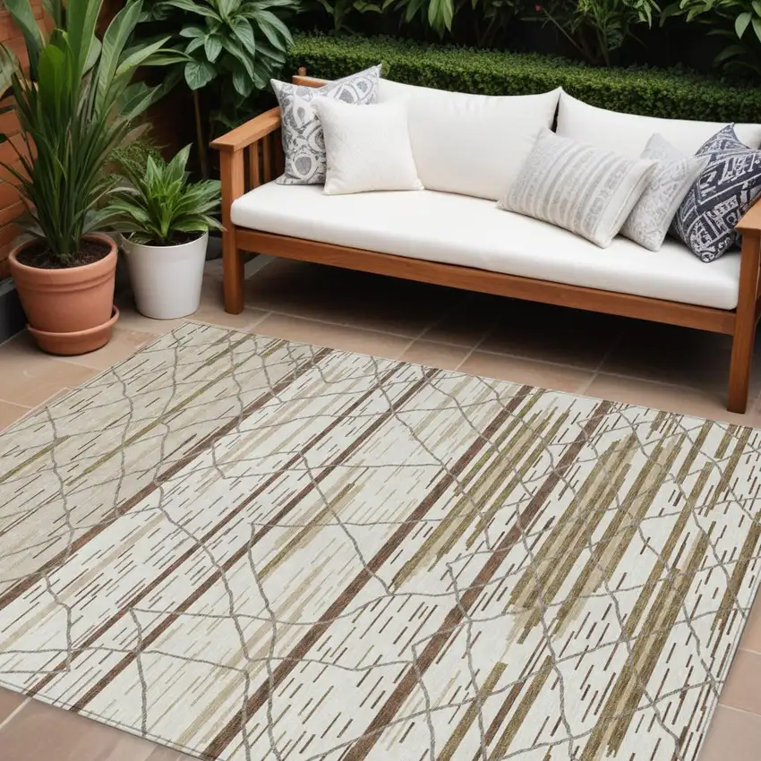Ivory Brown And Beige Striped Washable Indoor Outdoor Area Rug Photo 1