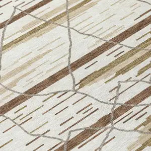 Photo of Ivory Brown And Beige Striped Washable Indoor Outdoor Area Rug