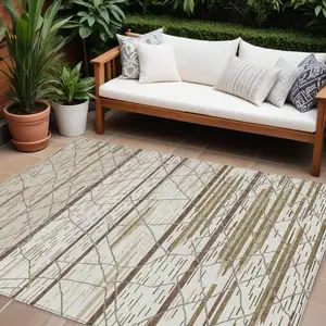 Photo of Ivory Brown And Beige Striped Washable Indoor Outdoor Area Rug