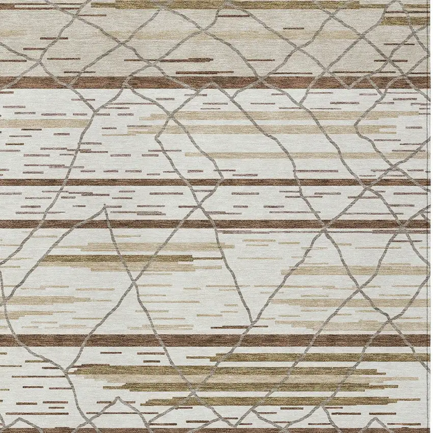 Ivory Brown And Beige Striped Washable Indoor Outdoor Area Rug Photo 7