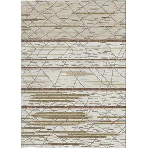 Photo of Ivory Brown And Beige Striped Washable Indoor Outdoor Area Rug