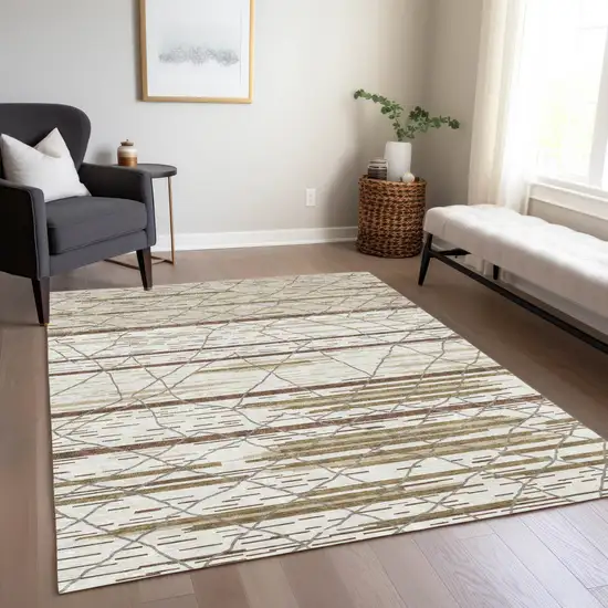 Ivory Brown And Beige Striped Washable Indoor Outdoor Area Rug Photo 9