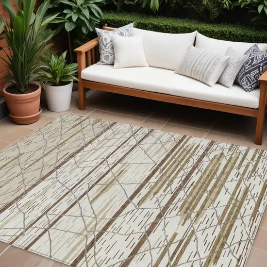 Ivory Brown And Beige Striped Washable Indoor Outdoor Area Rug Photo 1