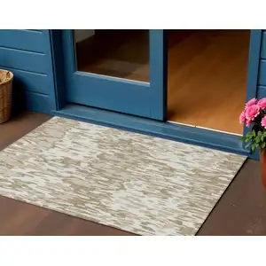 Photo of Ivory Brown And Beige Striped Washable Indoor Outdoor Area Rug