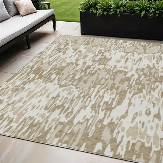 Ivory Brown And Beige Striped Washable Indoor Outdoor Area Rug Photo 1