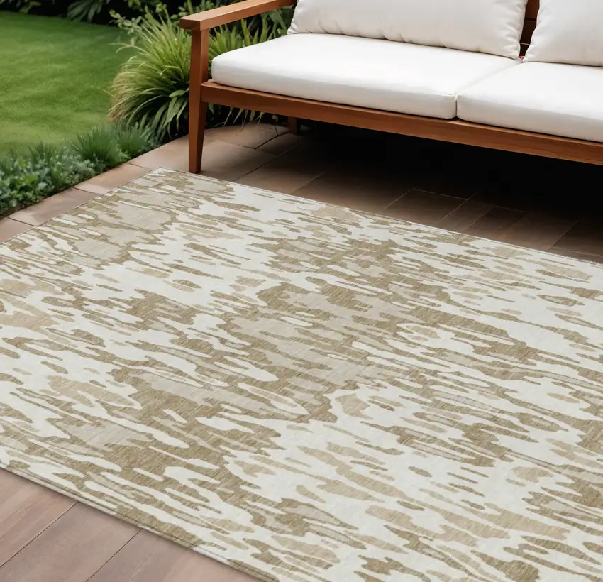 Ivory Brown And Beige Striped Washable Indoor Outdoor Area Rug Photo 1