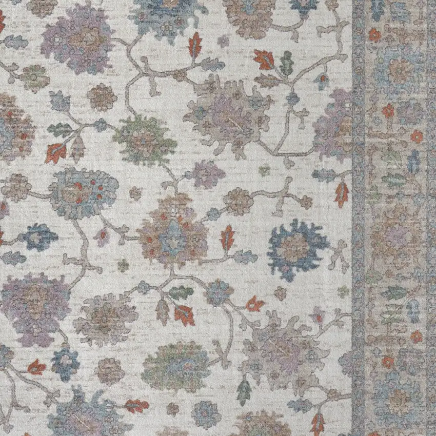 Ivory Brown And Blue Floral Distressed Area Rug Photo 9