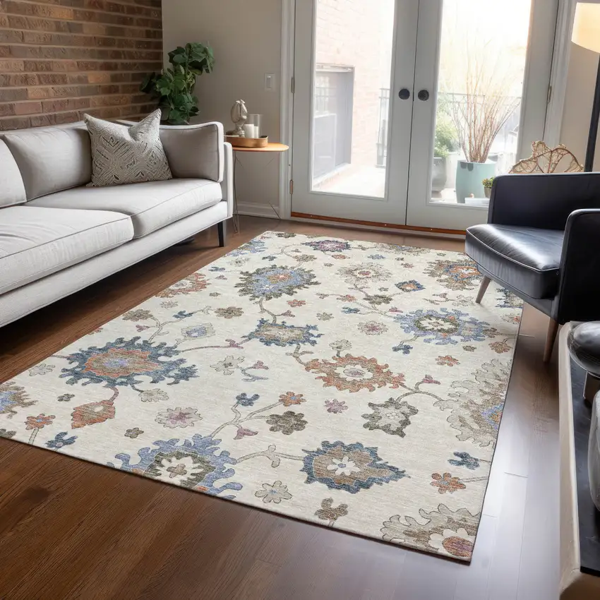 Ivory Brown And Blue Floral Washable Indoor Outdoor Area Rug Photo 9