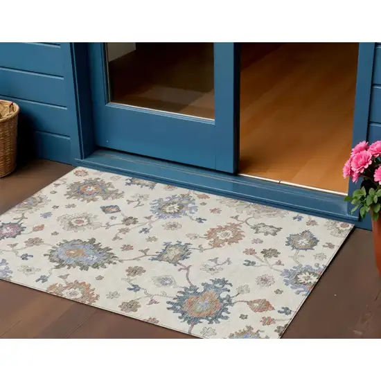 Ivory Brown And Blue Floral Washable Indoor Outdoor Area Rug Photo 1