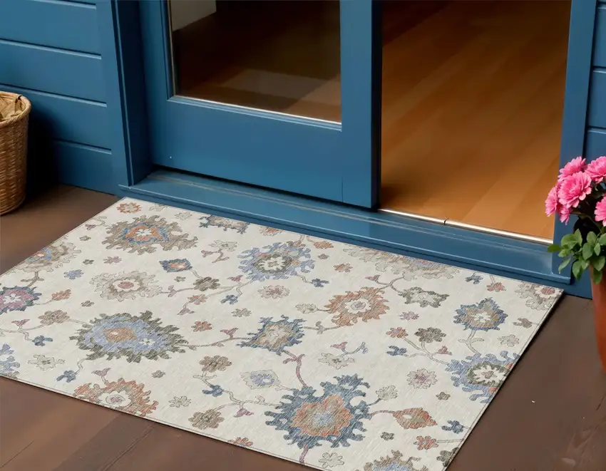 Ivory Brown And Blue Floral Washable Indoor Outdoor Area Rug Photo 1