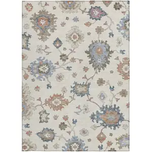 Photo of Ivory Brown And Blue Floral Washable Indoor Outdoor Area Rug