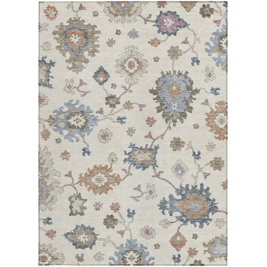 Ivory Brown And Blue Floral Washable Indoor Outdoor Area Rug Photo 8