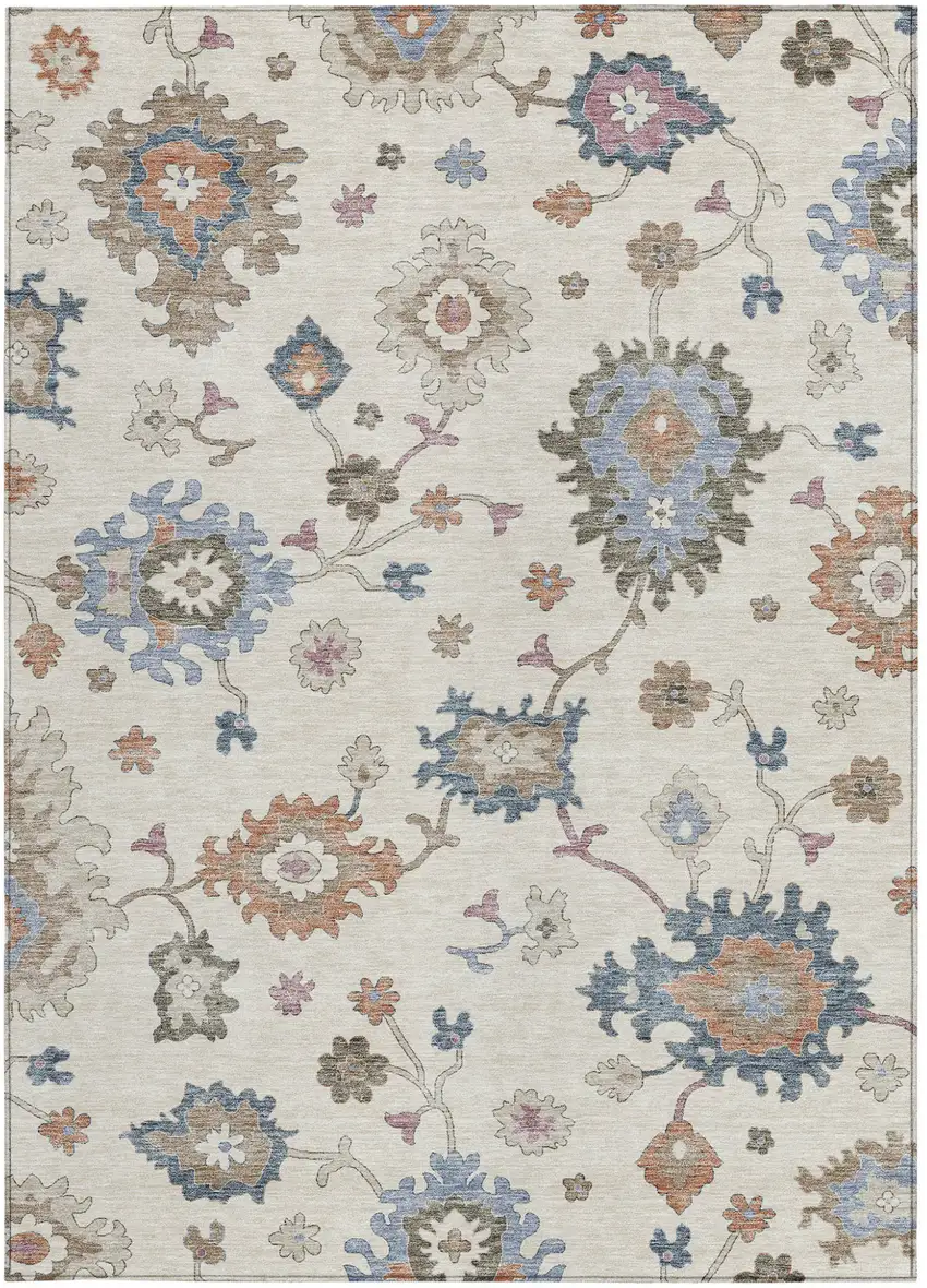 Ivory Brown And Blue Floral Washable Indoor Outdoor Area Rug Photo 8