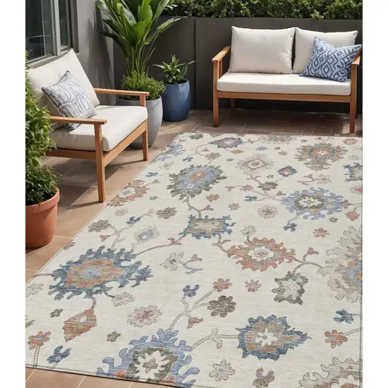 Ivory Brown And Blue Floral Washable Indoor Outdoor Area Rug Photo 1