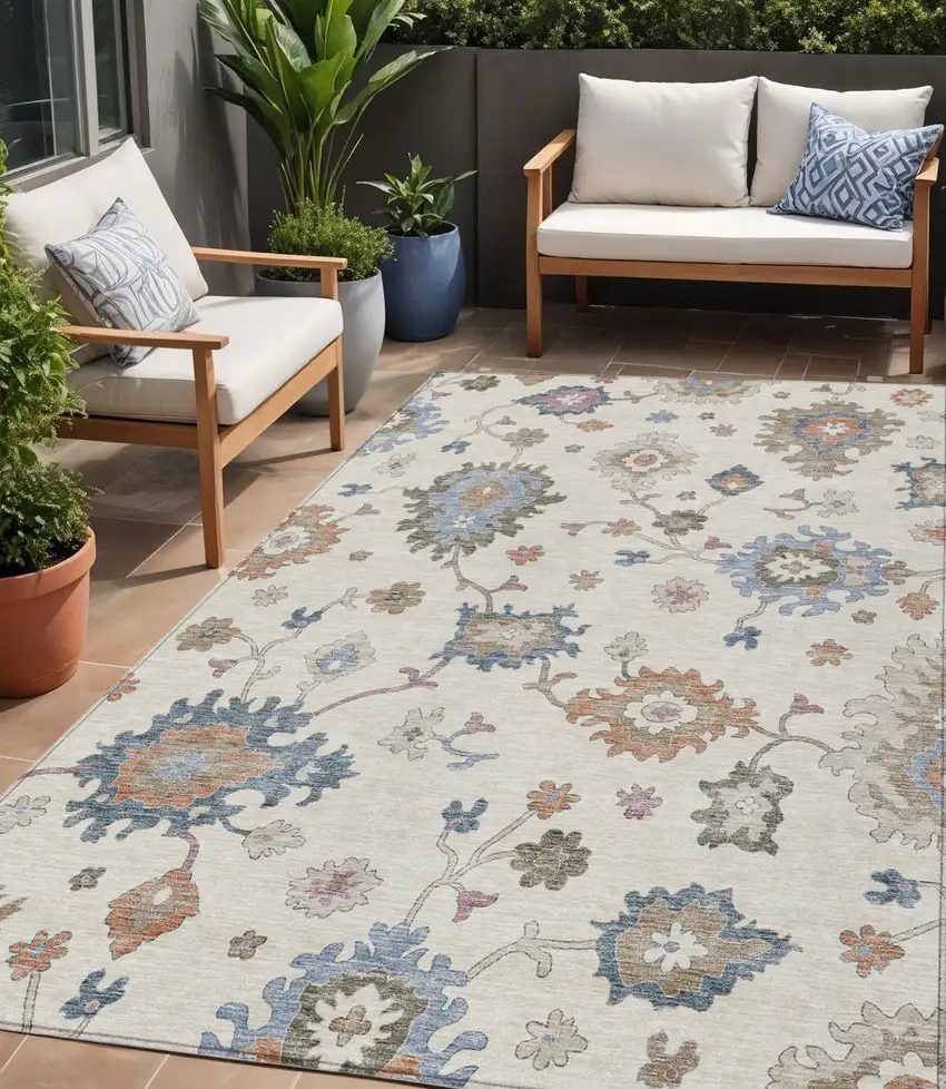 Ivory Brown And Blue Floral Washable Indoor Outdoor Area Rug Photo 1
