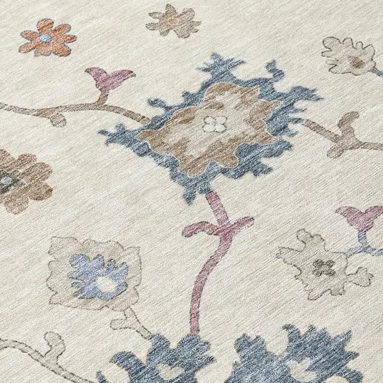 Ivory Brown And Blue Floral Washable Indoor Outdoor Area Rug Photo 6