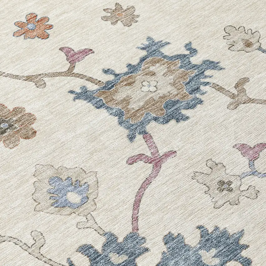 Ivory Brown And Blue Floral Washable Indoor Outdoor Area Rug Photo 6