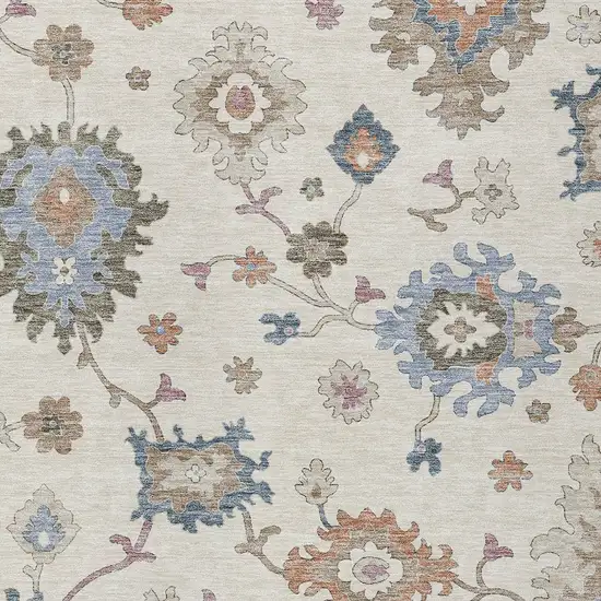 Ivory Brown And Blue Floral Washable Indoor Outdoor Area Rug Photo 7