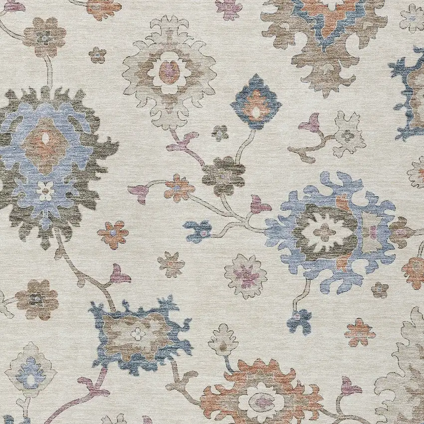 Ivory Brown And Blue Floral Washable Indoor Outdoor Area Rug Photo 7