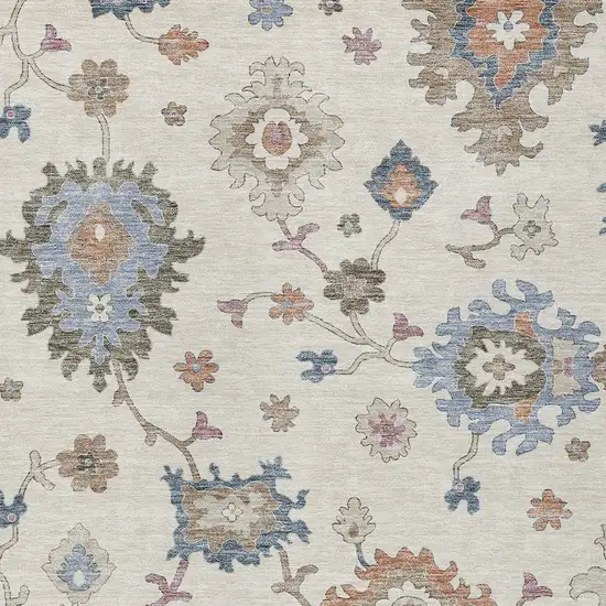 Ivory Brown And Blue Floral Washable Indoor Outdoor Area Rug Photo 7